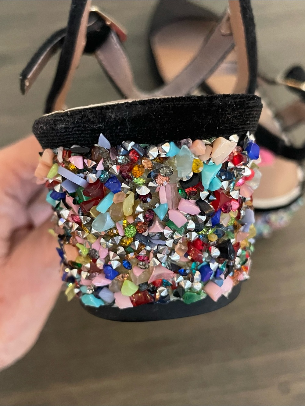 Betsey Johnson Lena Black Velvet Ankle Strap Pumps Glitter Block Heel Size 9 - Picture 5 of 9